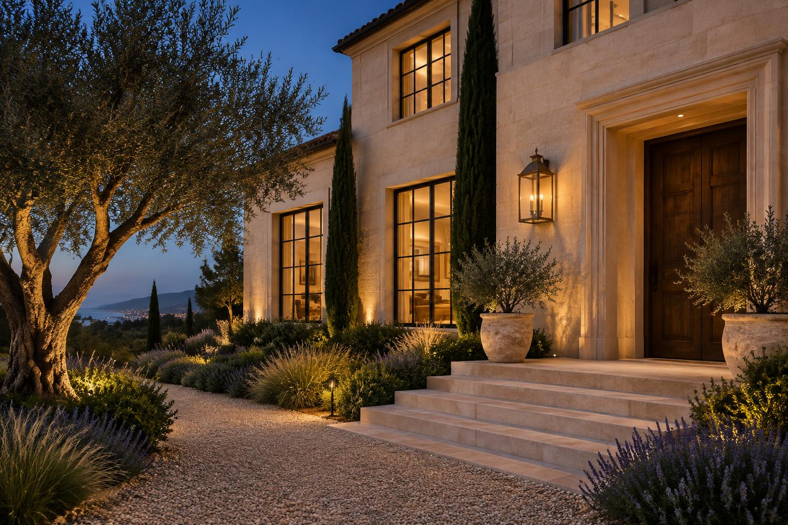 Classic California residence glowing at dusk